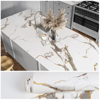 VEELIKE Tapete Marmoroptik Weiß Gold Matt Möbelfolie Marmor Tapete Wohnzimmer 40 cm x 900 cm Grau Gold Marmor Folie Arbeitsplatte Küche Badezimmer Wasserfest Küchenfolie Rückwand Abnehmbar
