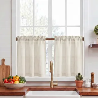 KGORGE Schiebegardinen 60 cm Breit Leinen Gardinen Küchenfenster Kurz | Natur, 2er Set H60 x B60 cm, Bistrogardine, Halbtransparent, Fenstergardinen mit Stangedurchzug, für Schrank Wohnwagen