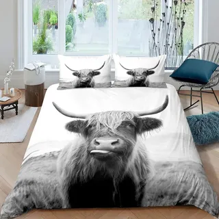 Homewish Hochlandkuh Tröster Abdeckung 155X220 Bauernhaus Tier Milch Bettwäsche Set Lustige süße Kuh Bettbezug Wildlife Tier Bettbezug Grau Weiß Bettwäsche Set Room Decor
