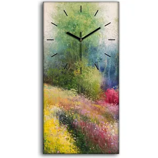 Wanduhr Leinwand Bild Uhr Kunstdruck 30x60 Gemälde Frühlingswiese bunte Blumen - schwarze Hände