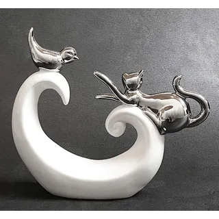 FeinKnick stilvolle Deko mit spielender Katze und Vogel - weiß & silber Katzen Dekoration aus Keramik - moderne Katzenfigur 20cm hoch