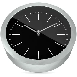 MEBUS 2-in-1 Wanduhr und Tischuhr mit gebürstetem Aluminium-Gehäuse, Keine Tickgeräusche, präzises Quarzuhrwerk, Schwarz/Silber, 15cm klein, Wand und Tisch