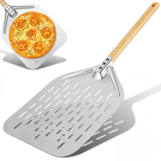 Dexpally 12 Zoll Pizzaschieber Edelstahl, Pizzaschieber Perforiert mit Abnehmbarem Holzgriff, Aluminium Pizza Schieber, Pizzaschaufel mit Großer, für Grill und Backofen (40 * 30 cm)