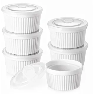 DOWAN Creme Brulee Schälchen Set mit Deckel, 6 X 235 ml Antihaft Souffle Förmchen Backofenfest, Porzellan Ramekins für Ragout Fin Schalen, Leckere Würzfleisch, Muffin, Spülmaschinenfest, Ø 10cm-Weiß