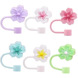 CHSZSH 6 Stück Blumen-Strohhalm-Deckel, Silikon, Wiederverwendbar, Staubdicht, Auslaufsicher, Stroh, Trinkhalm