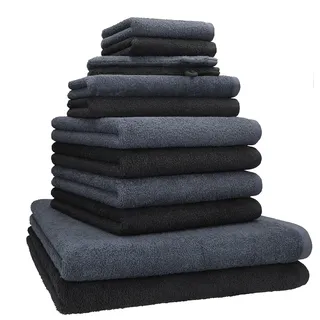 Betz Berlin Handtuch-Set 12-teilig – 100% Baumwolle – Oeko-TEX® Zertifiziert – 360g / m2 Grammatur – Duschtücher, Handtücher, Gästetücher & Waschhandschuhe Farbe dunkelgrau - Graphit