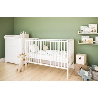 ZEE Set Babybett 120x60 cm 2in1 Weiß Mit Schutzbarriere Umbaubar Zum Kinderbett mit Wickelkommode Classic 3 Schubladen - Weiß