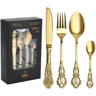 24-teiliges Gold Besteckset aus Edelstahl Silberbesteck für 6 Personen mit Messer, Gabel, Löffel, Spiegelfinish & spülmaschinengeeignet - Verschnörkeltes Schnitzmuster