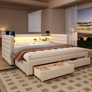 Flieks Schlafsofa Polsterbett 90x190cm mit Led und Ladefunktion, Tagesbett Daybed mit 2 Schubladen und offenen Staufächern, Samt, Beige - Beige
