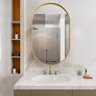 AIORBER Spiegelschrank, Ovale Form, Metallrahmen, Einbau oder Wandmontage, mit verstellbaren Einlegeböden, für Bad und Schlafzimmer, 85x51,5cm - Gold