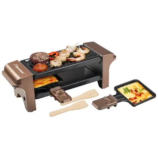 Bestron Raclette für 1 bis 2 Personen, Mini Tischgrill mit zwei Pfännchen, zwei Holzschabern & zwei Untersetzern, 350 Watt, Farbe: Kupfer