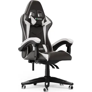 Bigzzia Bürostuhl Ergonomisch, Schreibtischstuhl, Drehstuhl, Gaming Sessel, Gamingstuhl, mit Kopfstützen, bis zu 110 kg, Weiß - Schwarz
