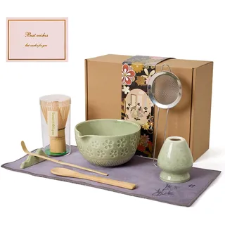 Matcha-Schneebesen-Set – traditioneller Bambus-Chasen mit Schüssel, komplettes Matcha-Tee-Zubereitungsset und Starterwerkzeuge für authentische japanische Zeremonie (meliertes Grün 01, 8-teiliges Set