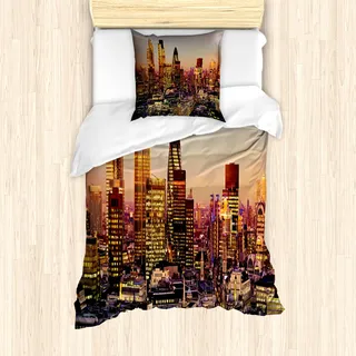 ABAKUHAUS New York Mantele, Global City Sunset, Milbensicher Allergiker geeignet mit Kissenbezügen, 135 cm x 200 cm - 80 x 80 cm, Mehrfarbig
