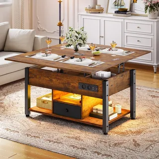 YITAHOME Couchtisch mit Höhenverstellbarer, 4-in-1-Multifunktions-Couchtisch mit Stauraum und LED Beleuchtung, Couchtisch lässt Sich in einen Esstisch für das Wohnzimmer umwandeln, Vintage-Braun