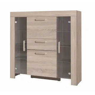 Furniture24 Kommode 130/131/42 cm CEZAR 7 Highboard 2 Türen 2 Klappen 1 Schubkästen Wohnzimmerschrank Bar-Schrank Sonoma Eiche - Braun