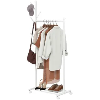 Redom Garderobenständer 68/43/171 cm mit Rollen, 5 Haken und Schuhregal aus Metall, Weiß , 68x171x43 cm , Garderobe, Garderoben-Sets & Garderoben-Serien, Garderoben-Sets