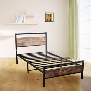 MODFU Klassische Betten Metallbett 140 x 200 cm mit Lattenrost,Doppelbett Gästezimmerbett mit MDF Kopfteil, schwarz+braun(Mit Matratze) - Schwarz
