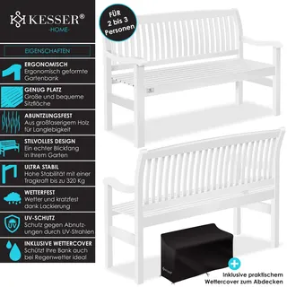 KESSER® Gartenbank Holz Holzbank wetterfest | Für 3 bis 4 Personen | Parkbank aus Massivholz | Sitzbank 320 kg belastbar | Balkonbank Bank für Balkon Terrasse & Garten inkl. Cover - Weiß