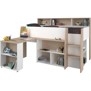 Parisot Lucas Hochbett 90x200 – Weiß/Eiche Nachbildung - Braun, Weiß