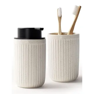 BosilunLife Seifenspender Keramik, 350ml Spülmittelspender Nachfüllbar, mit Zahnbürstenhalter, Großer Pumpenkopf für Leichtes Pressen, für Küche, Bad, Arbeitsplatte (Beige, Schaumseifenspender)