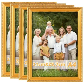 LOLYSIC 4 Stück Kunstvoller Fotorahmen, Vintage Gold Fotorahmen 21 x 30 cm (A4), Barocker Stil,Bilderrahmen mit Glasscheibe/Kunststoff-Rahmen, für Urkunden - Zeugnisse - Bilderrahmen Gold A4