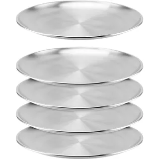 MUNGHOK 5er Set 30 cm Edelstahl Teller Camping, Rundes Geschirr Edelstahl Tablett, Metallteller Servierteller Rund Silber Unterteller Essteller Stainless Steel Plate für Camping, Grill, Picknick