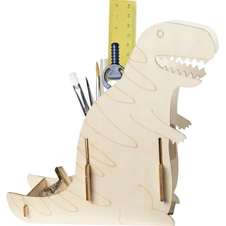 Pebaro 477/3 Holzbausatz Laser Cut Stiftehalter Dinosaurier, 3D Puzzle, Basteln mit Holz, Holzpuzzle, vorgestanzte Holzplatte, inkl. Schmirgelpapier, ausbrechen, zusammenstecken, fertig, Geschenkidee