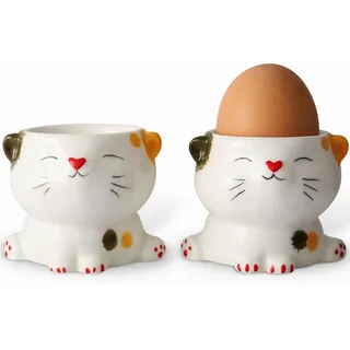 WW STYLE Eierbecher im 2er-Set, Hochwertige Keramik, Design Süße Katze, Porzellan, Eierhalter Geschirr Dekoration Geschenk Weihnachten Geburtstag Familie Freunde Kinder...