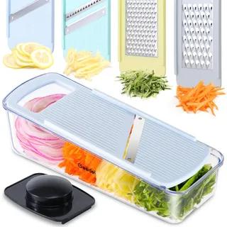 Geedel 4 in 1 Multifunktion Mandoline Gemüsehobel, Zwiebelschneider Gemüseschneider Manuell Käsereibe Julienneschneider Gurkenhobel, Reibe für Gemüse Apfelreibe Kartoffelschneider (Hellblau)