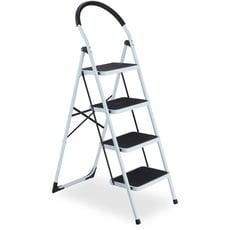 Bild von Trittleiter, klappbare Haushaltsleiter, 4 Stufen, bis 150 kg, Stufenleiter mit Haltegriff, Stahl, weiß/schwarz