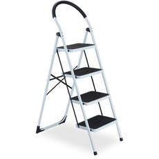 Bild Trittleiter, klappbare Haushaltsleiter, 4 Stufen, bis 150 kg, Stufenleiter mit Haltegriff, Stahl, weiß/schwarz