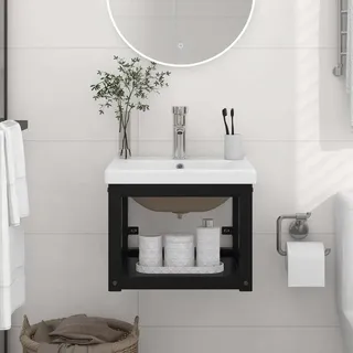 The Living Store Badezimmer-Waschtischgestell mit Waschbecken Schwarz Eisen - Schwarz