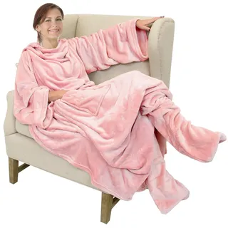 Catalonia Classy Decke mit Ärmeln und Fußtasche Geschenk für Frauen Herren, Flauschig Fleece Tragbare Kuscheldecke mit Ärmeln, Warm Decke zum Anziehen Ärmeldecke Erwachsene, 190 x 135 cm Rosa
