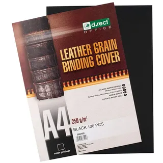 D.RECT Rückwände Deckblätter mit Lederstruktur Rückenkarton 250 gr/m2, Rückendeckel für Bindungen A4 Verpackung 100 Stück Schwarz