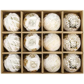 SVNVIOZ 12 Stück 8cm Weihnachtskugeln Weiß Gold, Christbaumkugeln Kunststoff Deko Weihnachten, Bruchsicher Weihnachtsbaumschmuck mit Aufhänger, Weihnachtsbaumkugeln für Weihnachtsdeko Innen Aussen
