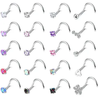 Adramata 20 Stück 20G Nasenstecker Chirurgischer Edelstahl Nasenpiercing Stecker Set Diamant Opal CZ Nasenpiercing Schmuck für Damen Herren Schraube/Gerade/L-förmige Nasenstecker Mehrfarbig,S