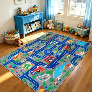 Capslpad Kinder Teppich Spielteppich für Kinder Stadt 150x200cm rutschfest Kinderteppich Spielmatte Maschinenwaschbar Kurzflor Pädagogischer Spielteppich für Kinderzimmer Spielzimmer Dekor, Blau