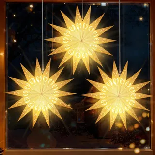 Lewondr Weihnachtsstern Beleuchtet 3 Stück, Papiersterne Weihnachten,LED Stern Fenster Aufhängen mit Fernbedienung ,Weihnachtsdeko Papierstern für Weihnachts Deko Innen 55 cm