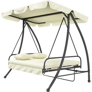 Outsuuny 2 in 1 Hollywoodschaukel mit Liegefunktion 3-Sitzer Gartenschaukel mit verstellbarem Sonnendach, Schaukelbank belast bis 240kg, Gartenliege für Garten, Terrasse, 200x125x170 cm, Cremeweiß Aosom