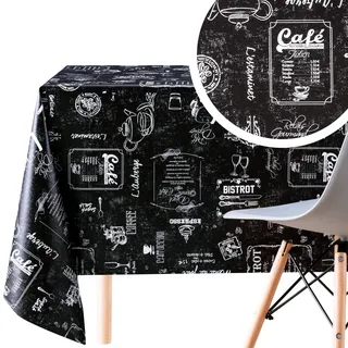 KP HOME Schwarz Abwischbare Tischdecke mit Weiß Kreidetafel Muster, Rechteckig 200x140 cm, bis zu 6 Sitzplätze - Strapazierfähig Wasserdichtes Wachstuchtischdecke, Retro PVC-Tischdecke, Modern Bistro