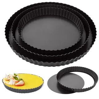 Oungy 3 Stück Tarteform mit Hebeboden 22/26/30CM Quicheform Rund Tortenboden Backform Antihaftbeschichtete Tarteform für Quiche, Tarte, Pie (Schwarz)