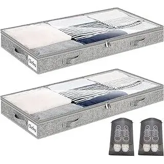 Unterbett Aufbewahrungsbox 2 Stück Unterbettkommode und klarem Transparenter Deckel, 10 cm hoch Faltbar Unterbett Aufbewahrung mit 4 Griffen & 2 Reißverschluss für Kleideraufbewahrung & Organisation