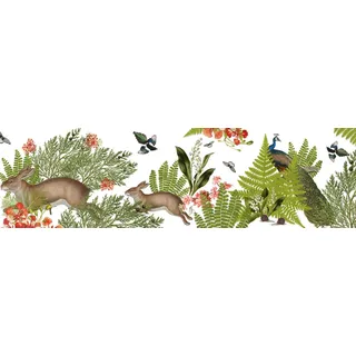 Anna Wand – Selbstklebende Bordüre/Borte/Wandbordüre „Waldpanorama” Wald Tiere Vögel – Mehrfarbig auf Weiss – 450 x 11.5 cm – Made in Germany