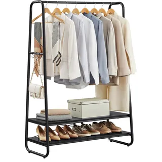 VASAGLE Kleiderständer, Garderobenständer, Garderobe, 2 Ablagen, 6 Haken in S-Form, Stahlgestell, 45 x 100 x 160 cm, für Schlafzimmer, Flur, Eingangsbereich, ebenholzschwarz-mattschwarz RGR112B03