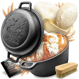 besøk Brottopf Set [inkl. Gärkorb + Bürste + Rezeptheft] Anti-Haft Patina Gusseisen Topf ⌀26 cm [4,7 Liter] zum Brot backen - Brotbackform induktionsgeeignet eingebrannt rund mit Deckel