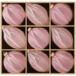 DN DECONATION Weihnachtskugeln Set, 9-teilig - Rosa Gold Christbaumkugeln | mit Linien Design, Glaskugeln mit Goldverzierungen für Tannenbaum Dekoration, Vintage Weihnachtsbaumschmuck