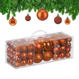 Relaxdays Weihnachtskugeln im 76er Set, Kunststoff, glitzernde, orange | matte, glänzende Baumkugeln, Christbaumschmuck