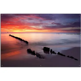 Wallario Outdoor-Poster für Garten oder Balkon, Motiv Sandstrand im Sonnenuntergang - Roter Himmel, in ca. 61 x 91,50 cm - Rot