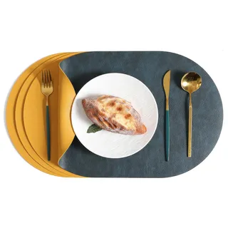 Komforbaa 4er Set Platzsets Oval, Japanischer Stil Tischsets aus Kunstleder, Doppelseitig Blau & Gelb, Abwischbar Hitzebeständig rutschfest, Elegante Tischmatten für Esstisch Küche & Outdoor